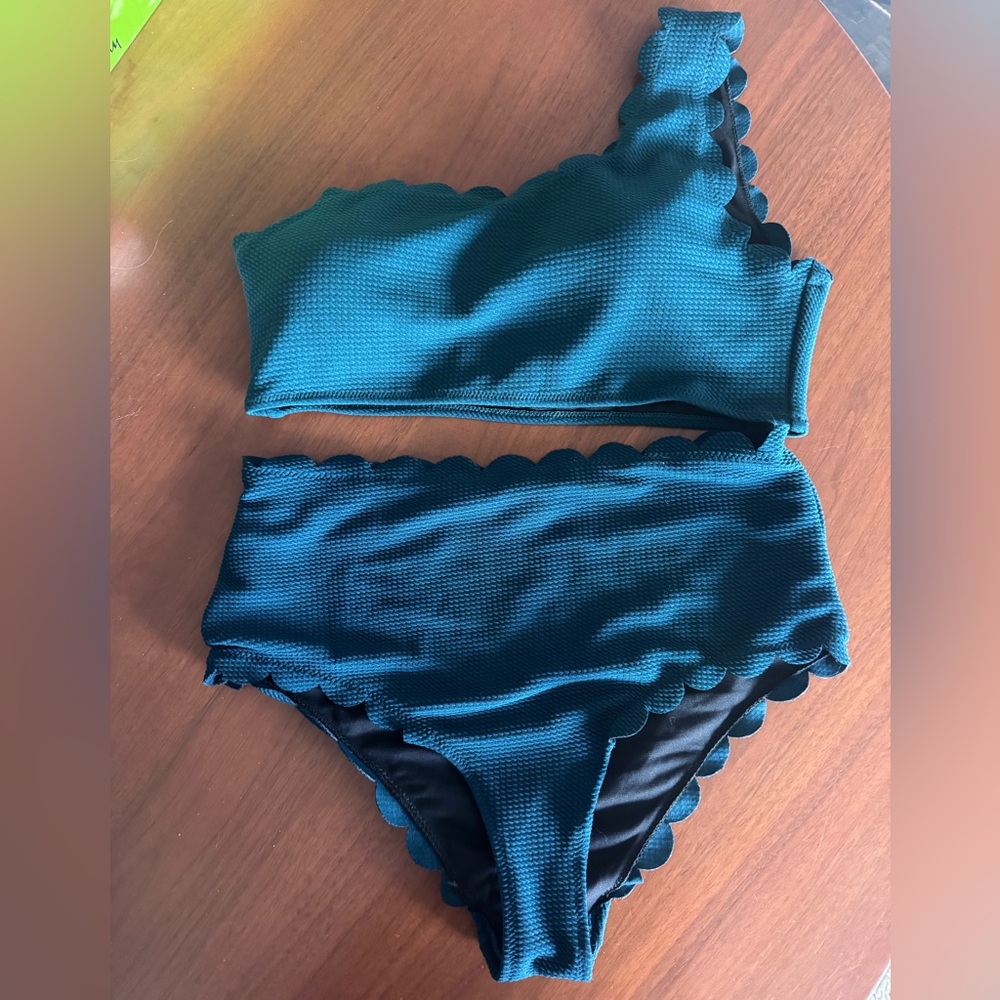 Teal One-Shoulder Scalloped Bikini Set